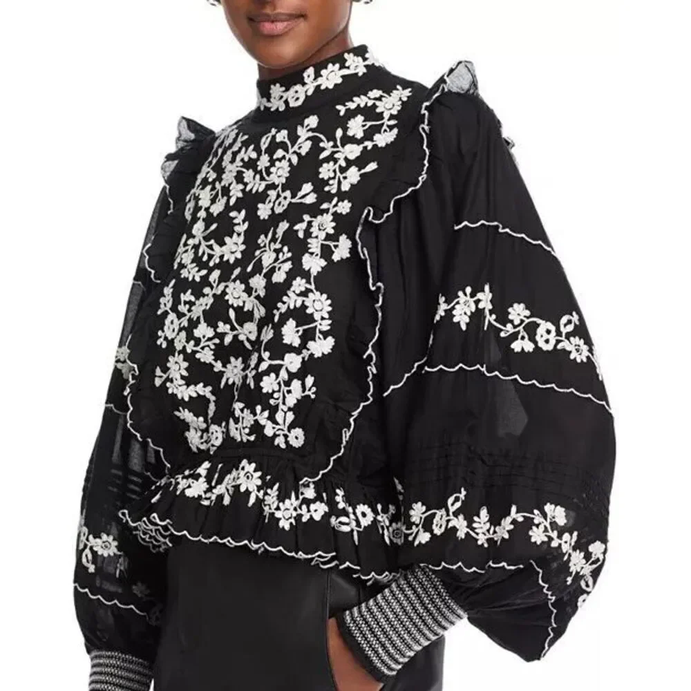 Farm Rio Women's Black White Embroidered Ruffle Long Sleeve Blouse Small NWOT